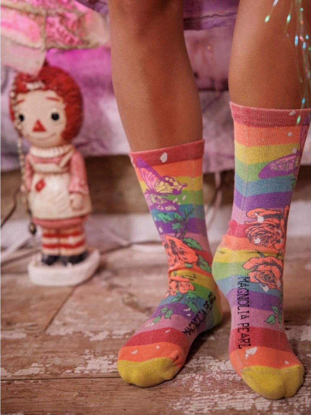 Magnolia Pearl crew socks rainbow stripe print butterflies roses paint splatter